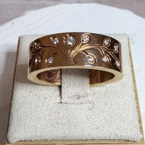 Rose gold stainless steel HOPE floral rhinestone etched band ring size 9.5
